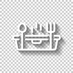 Lunch box, container for food, simple icon. White linear icon with editable stroke and shadow on transparent background