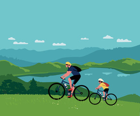 Dad, Son Ride Bicycles in Mountain Valley vector. Father, kid child sport adventure cute cartoon. Family together active lifestyle, summer nature outdoor background. Parent, child biking illustration