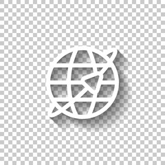 Obraz premium Globe and plane, air travel, around the world, simple business icon. White linear icon with editable stroke and shadow on transparent background