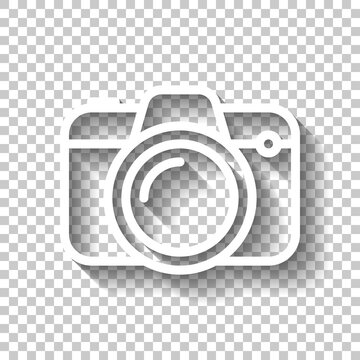 Photo camera, simple digital icon. White linear icon with editable stroke and shadow on transparent background