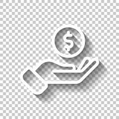 Hand and money, giving a cash, simple icon. White linear icon with editable stroke and shadow on transparent background