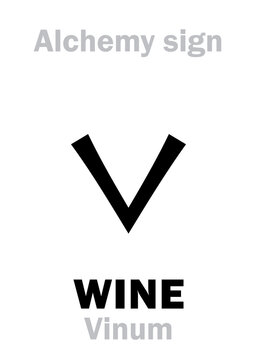 Alchemy Alphabet: WINE (Vinum), alcoholic drink from fermented grape juice, eq.: вино, οῖνος, vīnum, ღვინო ("wine, vine"). Also synonym symbol for: acid; distill; vitriol; crucible.