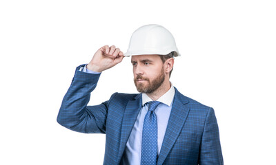 safety business. successful man with greeting gesture. entrepreneur in protective helmet.