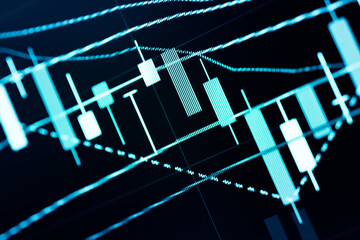 Charts of stock market instruments with various type of indicators and volume analysis for professional technical analysis on the monitor of a computer. Fundamental and technical analysis concept.	
