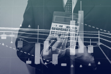 Charts of stock market instruments with various type of indicators and volume analysis for professional technical analysis on the monitor of a computer. Fundamental and technical analysis concept.	
