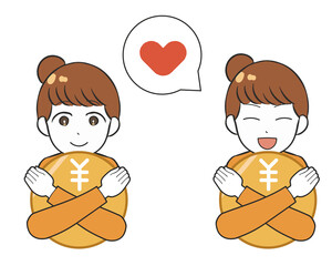 女性　お金を抱きしめる