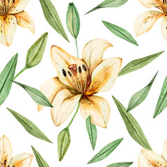 Watercolor seamless floral pattern with lilies and leaves on white background