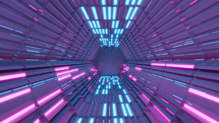 Abstract Corridor. Futuristic 3d render. Neon background. Pink and blue color. Technology backdrop. Sci-fi illustration