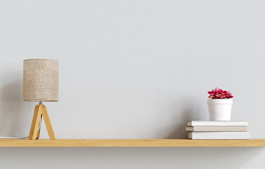 Lamp, books and succulent plant on the shelf against empty wall mockup. 3D render. 3D illustration.