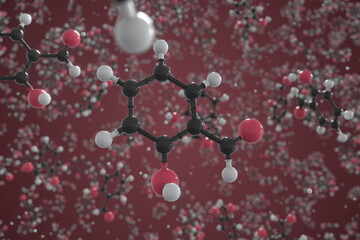 Salicylaldehyde molecule made with balls, conceptual molecular model. Chemical 3d rendering