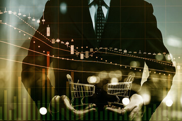Business man action against candle stick graph chart of stock market investment trading, monotone...