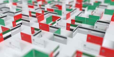 Fictional credit card maze with flag of the UAE. Financial difficulties related 3D rendering