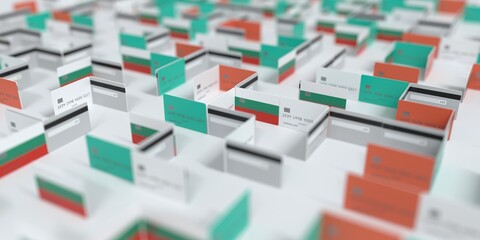 Fictional credit card maze with flag of Bulgaria. Financial difficulties related 3D rendering