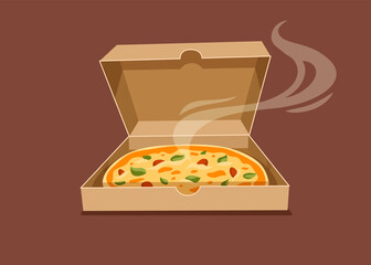 Italian Pizza in the open Cardboard Box. Opened pizza fast food takeaway box with smoke. Simple flat style. Vector illustration.