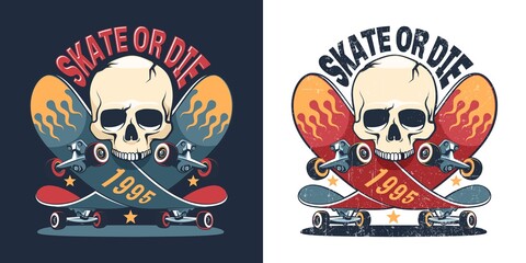 Skateboard and skull retro logo. Skate or die skater t-shirt print. Vector illustration. © Agor2012