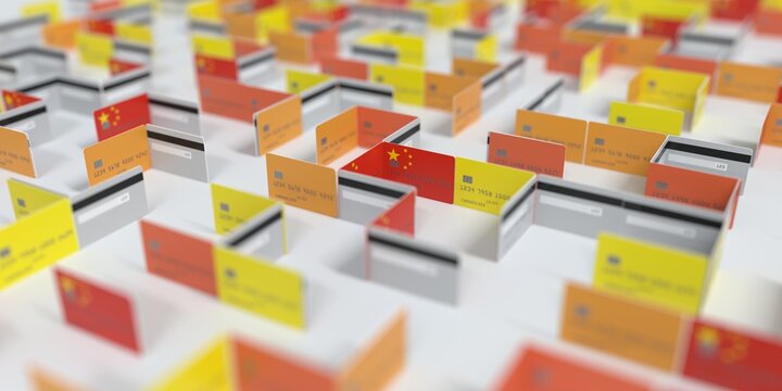 Fictional credit card maze with flag of China. Financial difficulties related 3D rendering