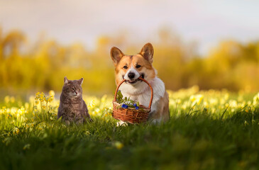 furry friends striped cat and corgi dog with gift basket with flowers in a summer sunny meadow