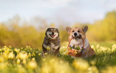 Fototapeta na wymiar fluffy dog friends happy sitting in a summer sunny meadow with a gift card flower basket