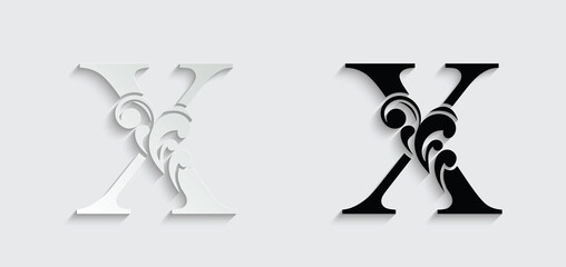 Fototapeta na wymiar letter X. Vintage black flower ornament initial letters. Alphabet. Logo vector 