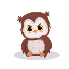 Cute cartoon owl isolated on white background. Angry owlet