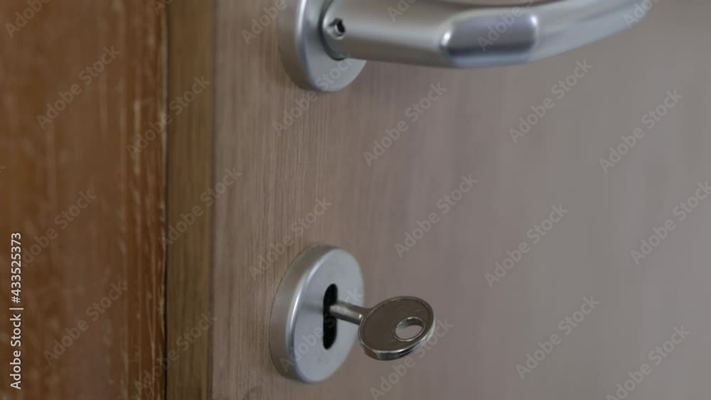 Poster a 4k rendering of a man locks the wooden door of the room