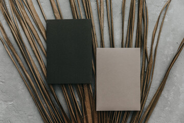 Creative summer minimal mock-up. Dried palm leaves on neutral background. Still life minimal concept. Flat lay, top view, copy space, square