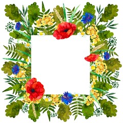 Frame of wildflowers and leaves