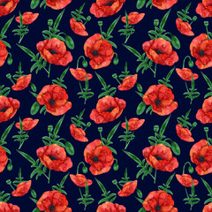 Seamless pattern with poppies on dark background