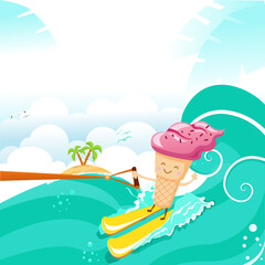 Cute Ice Cream Character Waterskiing With Joy