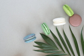 Flat lay composition with french macarons and palm leaves on natural background.