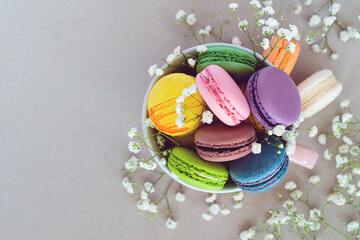 Colourful french macarons in mug on natural background. Stylish composition.