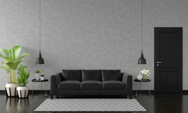 Black sofa in living room with copy space,3D rendering