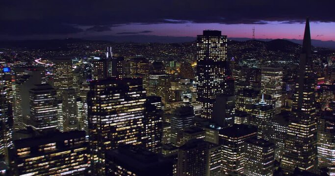 Aerial view of the San Francisco Financial District at night. Famous skyscrapers. Shot on Red weapon 8K. California, United States.