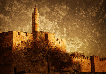  Retro aged postcard style photo with scratches of Tower of David (or Jerusalem Citadel) at sunset....