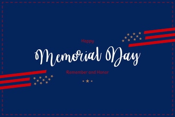 Happy Memorial Day. Greeting card with USA flag on blue background. National American holiday event. Flat vector illustration EPS10.