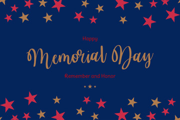 Happy Memorial Day. Greeting card with USA flag on blue background. National American holiday event. Flat vector illustration EPS10.