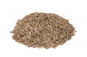 Cumin in a wooden spoon isolated on a white background. Caraway seeds. Heap of cumin