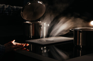 Dark expensive kitchen with built-in appliances. Brown veneer. Pots and pans.