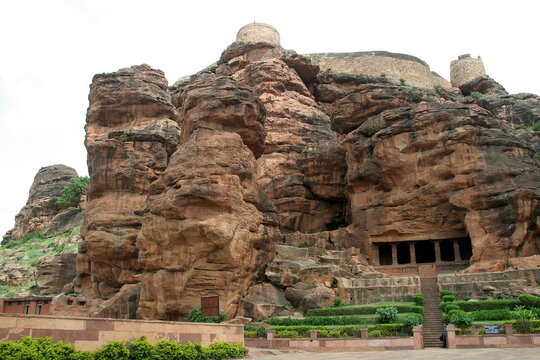 Atop rocky mountain and cave temples at Badami, Karnataka, India, Asia