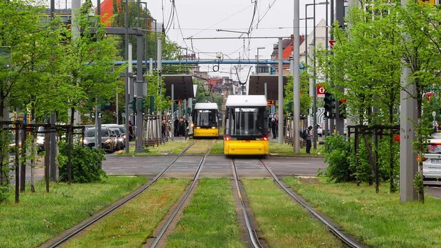 Time Lapse of Light rail yellow tram BVG in city center of Berlin, Germany. The system has 808 stops along 194 km.