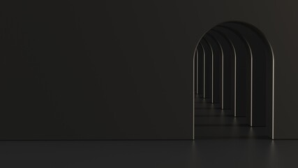 Brown arch hallway corridor abstract background minimal conceptual 3D rendering. 3Dillustration. 3D CG.