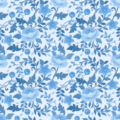 Blue monochrome  flower ornament seamless pattern.