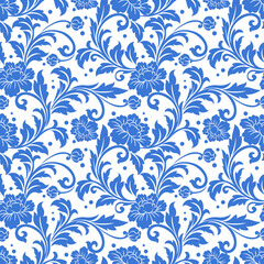 Fototapeta na wymiar Blue monochrome flower ornament seamless pattern.