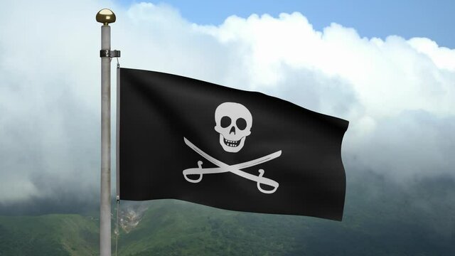 3D, fabric texture of the pirate skull with sabers flag waving in wind at mountain. Calico Jack pirate symbol for hacker and robber concept. Realistic flag of Pirates black on the wavy surface-Dan