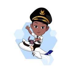vector illustration of cartoon caricature of a little black boy in pilot uniform flying in an airplane isolated on white background. - obrazy, fototapety, plakaty