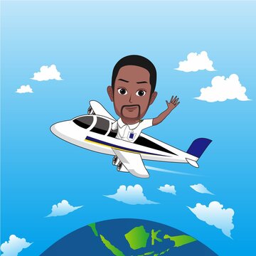 vector illustration of cartoon caricature of a black man in pilot uniform flying in an airplane with sky background.