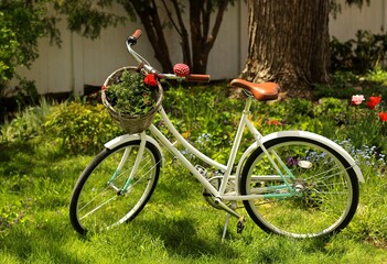Fototapeta na wymiar Vintage city bike with flowers in the basket 