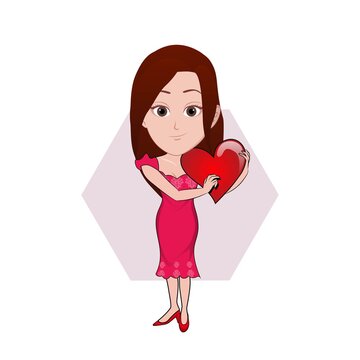 cartoon caricature vector illustration of a woman in red dress carrying a heart shape reflecting love isolated on white background
