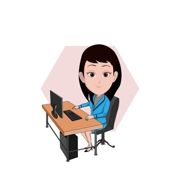 vector illustration of cartoon caricature of a woman working office worker with a desk and computer in front of her, isolated on a white background.