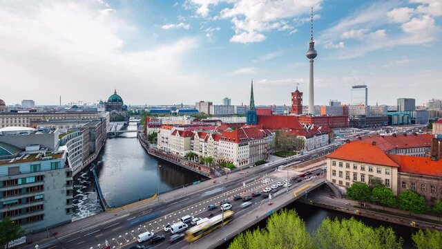 Cityscape Time Lapse of Berlin with spree river and clouds, Berlin, Germany